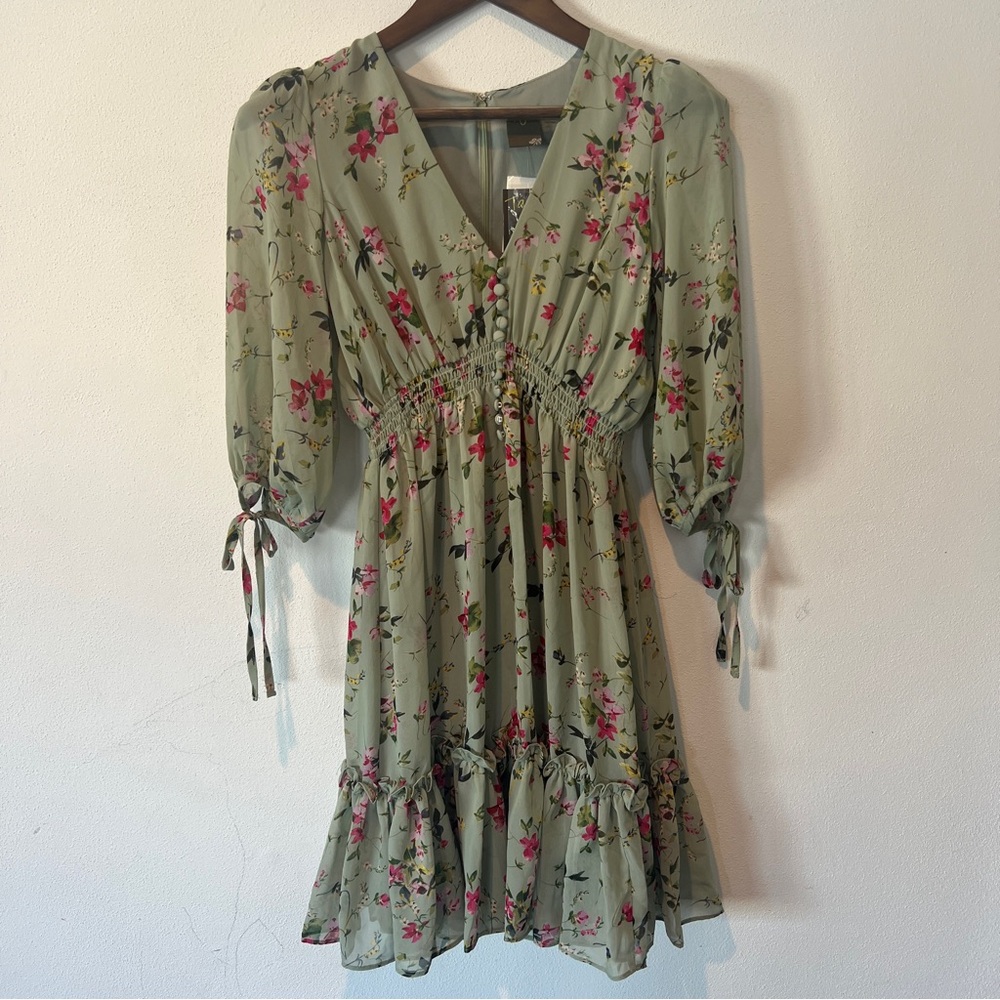 Taylor Sheer 3/4 Sleeve V-Neck Rusched Button Front Floral Lined Ruffle Dress - Picture 2 of 11